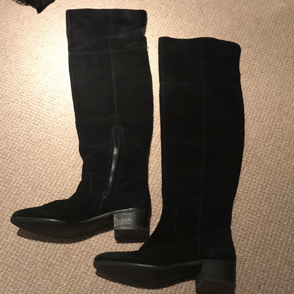 Black suede over the knee boots with short heel